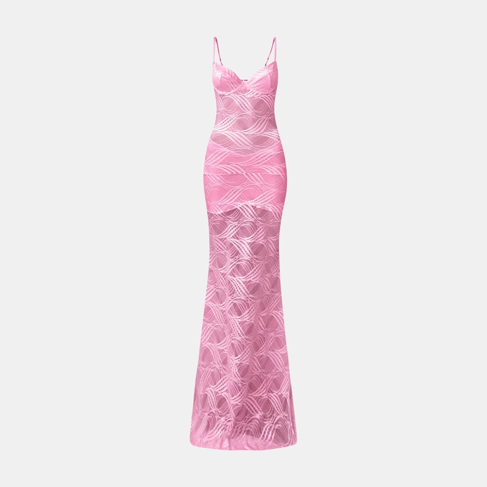 OW Collection Flora Maxi‎ Dress Pink Lace Bustier Sheer Maxi Dress Size M NEW